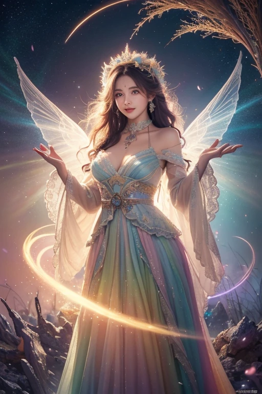 1girl, 23 years old, standing regal with open hands, symmetrical and fractal, multi-color pastel long hair, colorful (1.2), lies in a bird's nest and hatches (1.2), perfect face, sexy linagerie, oil smooth skin, kinky and sexy smile, looking at the viewer, , , multi color pastel , fairy vibe , background of mystic realm and magic, the particles of magic light with multi color , wind forming particles in seamless fractal pattern, warm light, epic scene , HDR+, extreme detailed ,Nikon D850, masterpiece, devianart, photo-real painting