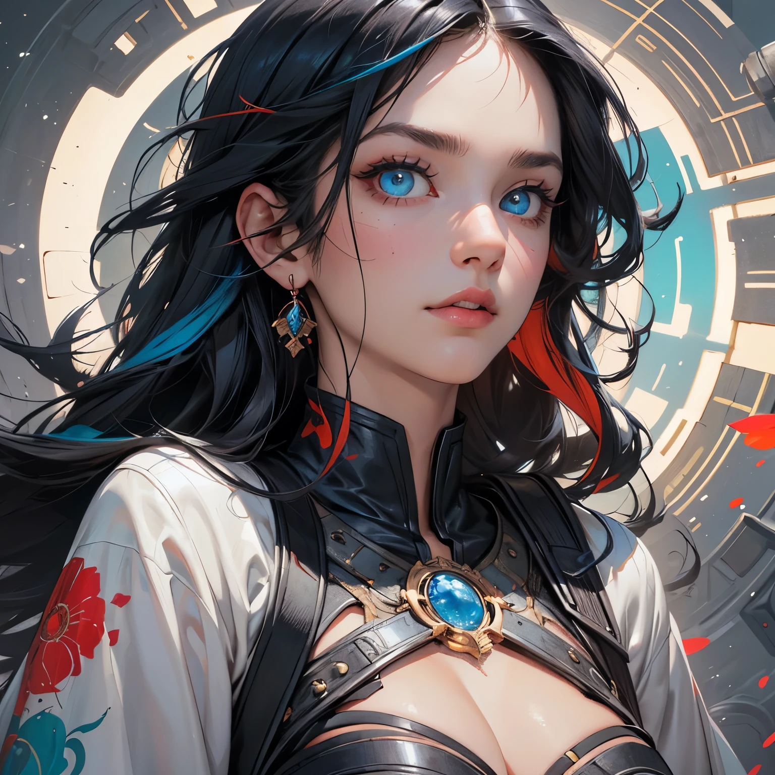 portrait,close up woman,(best qualtiy,tmasterpiece),1girl,nice poses,ventania,, one red eye and the other blue,The upper part of the body,clothes, beautiful detail eyes, black, side glance, heterochromia,multicolor hair, colorful light, particles