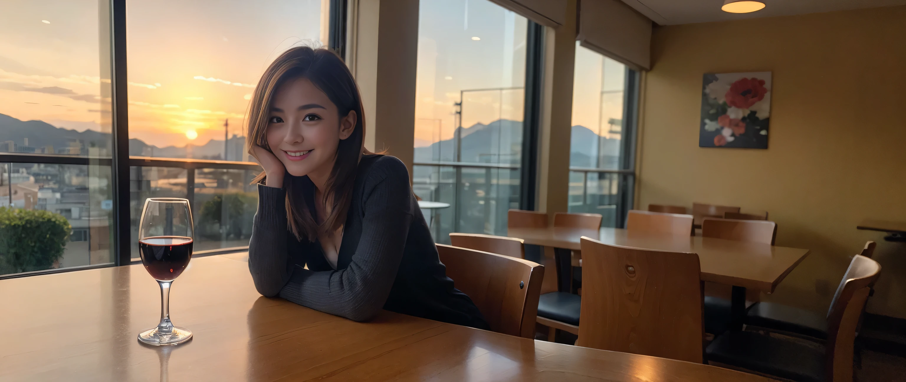 ((highest quality、8k、masterpiece:1.3))、Sharp focus:1.2、Beautiful woman perfect body:1.4、Slim body、((Bob Hale、Straight hair:1.2))、(to be born, highest quality, masterpiece:1.5), (Realistic, Intricate details:1.2), Ultra-high resolution, Amazing view of the sunset sky and clouds、Amazing mountain views、A bright smile、A lovely woman with a smile、Bright image、2. The beauty of wine, Beautiful Face, blue eyes, The light shines on your face, Blushing, short hair,Bright Face、Fox face、 (36 years old), 39 years old, Lady、red wine 、Appetizers、Italian food、Wine bottle、Champagne、sparkling wine、Two beauties、Brown Hair、Shortcuts、Long sleeve shirt、dress、Pretty Woman 1, (Slim face), (The body is slim), (Brown Hair), (Shortcuts), cheeks turn a little red,Attractive beauty、, Out of the window, A beautiful and detailed night view unfolds.........., restaurant, In a prominent place (From the waist up) Nova Frog Style, actress, model, Upper Body, White wine, slim, wine glass, A wine glass placed in the middle, smile, (smile: 1.15), Beautiful fine grain, Depth f/2,saturation, High Contrast, Strong light and shadow,Moist Body:1.5、3D texture、Delicate eyes、Brown Hair、The hair is very shiny、