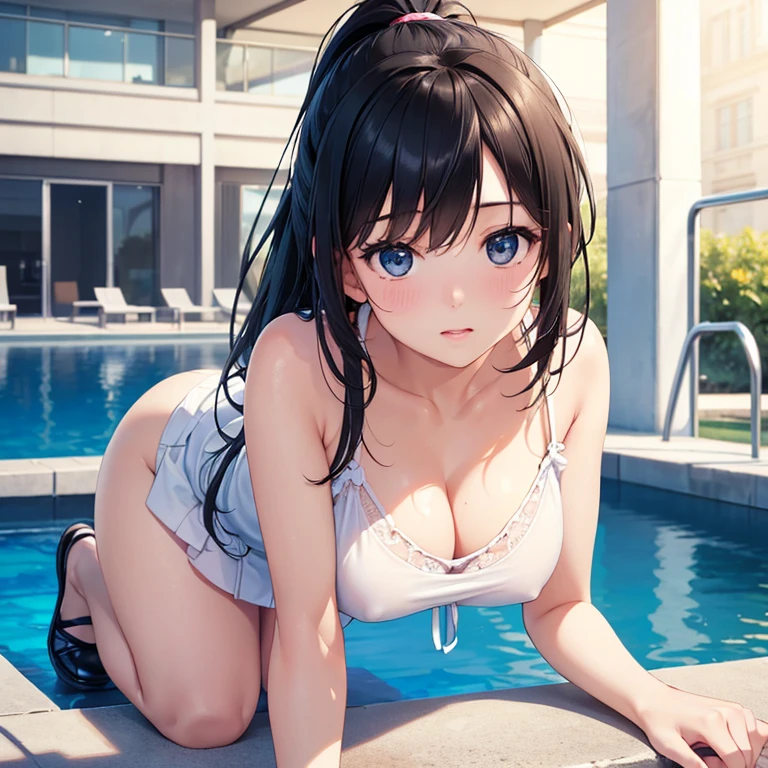 (best quality,4k,8k,highres,masterpiece:1.2),ultra-detailed,(realistic,photorealistic,photo-realistic:1.37),ponytail,black hair,high school girl,mini skirt,poolside, all fours,sunlight,bright colored clothes,slightly exposed necklin, White camisole、Blue lightly clench one hand、He holds out his slightly clenched hand towards me、Facing forward、Put a stuffed toy on your butt