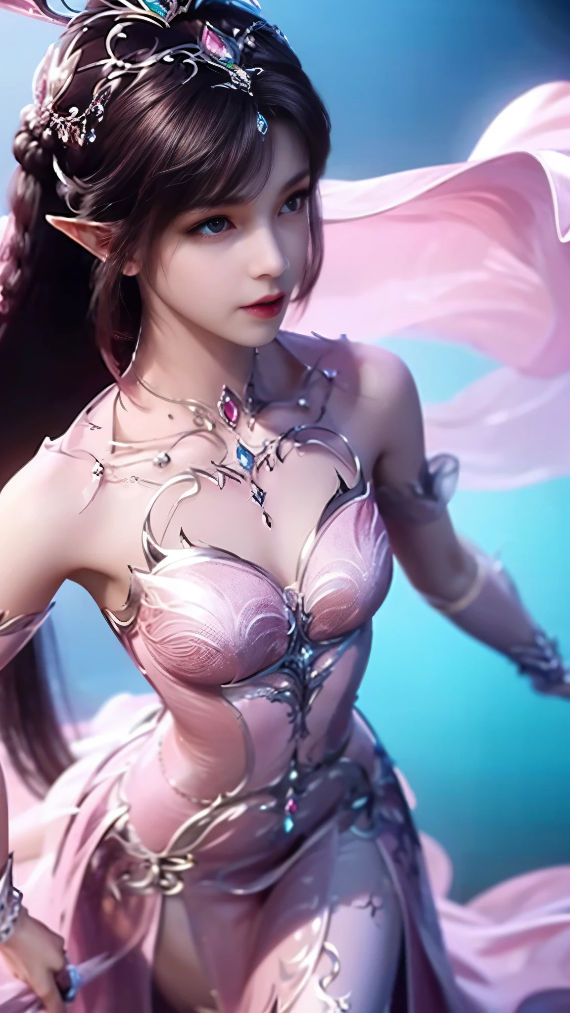 8k, masterpiece, a close up of a woman in a dress, perfect front body, bare thigh, ((very long hair)), a beautiful fantasy empress, ((pink fantasy dress:1.5)), beautiful fantasy maiden, fantasy art style, trending on cgstation, beautiful and elegant elf queen, beautiful maiden, shining skin, intricate ornate anime cgi style, ((a beautiful fantasy pink empress)), beautiful alluring Realistic woman, shining skin, in the park, sun shining, Realistic shadow, front poses,