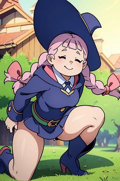 (masterpiece, top quality, best quality, beautiful and aesthetic:1.2),  jasminka antonenko, 1girl, solo, plump, closed eyes, long hair, pink hair, braid, twin braids, hair bow, smile, bow, breasts, large breasts, witch hat, witch, luna nova , skirt, long skirt, long sleeves, belt, boots, full body, white panties, close up view from behind, bent down