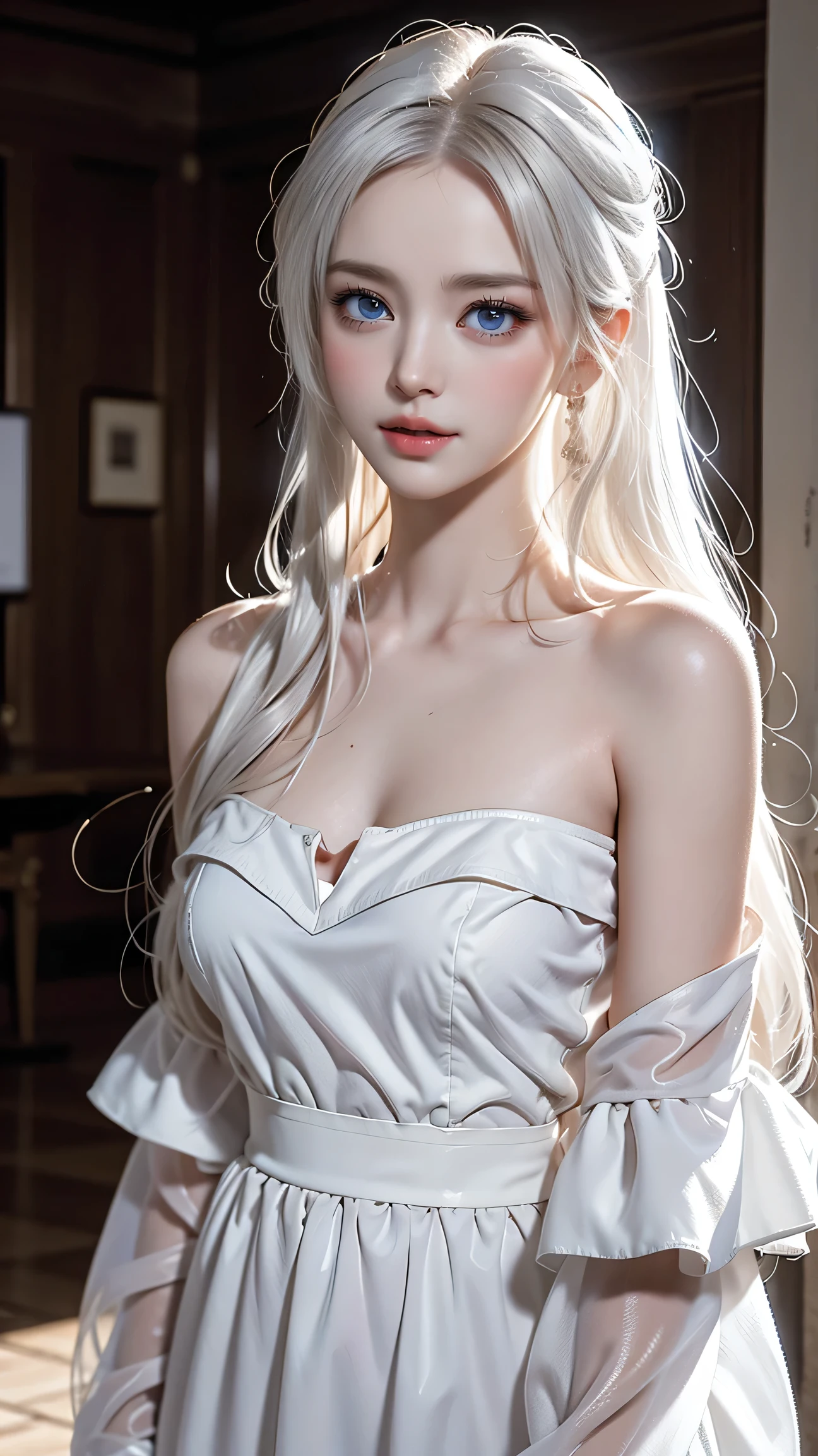 Best quality work,Actual work,Ultra Premium Graphics,8K HD CG Works,High quality graphics,High-definition CG works,10x pixels,Extremely fine detail:1.1,Advanced Technical Details:1.1 Photorealistic,Indoor lighting effects:1.5,Natural light:1.5. Light effects(virtual Light effects:1.8),(short golden-white hair)、(Bob Hair),Clear Eyes,Beautiful double eyelids,Sharp eye makeup, Delicate eyelash makeup, Thin eyebrows, Highly detailed eyes,High nose, Nice red lips, Rose Cheeks, A face with subtle makeup , Cute face, perfectly balanced face,(Advanced Face Detail:1.1),((Girl Standing On Office Floor))、Best quality work,Actual work,Ultra Premium Graphics,8K HD CG Works,High quality graphics,High-definition CG works,10x pixels,Extremely fine detail:1.1,Advanced Technical Details:1.1 Photorealistic,Indoor lighting effects:1.5,Natural light:1.5. Light effects(virtual Light effects:1.8)、 Thin eyebrows,High nose, Nice red lips, Rose Cheeks, A face with subtle makeup , Cute face, perfectly balanced face,(girl in school uniform),A light-toned foundation enhances the clarity of your skin.、)、(Floral dress on off-shoulder white background) 40k, photograph, White skin, highest quality, Tabletop, Ultra-high resolution, (Realistic:1.4), RAWphotograph, (Perfect figure), (slim:1.3), Slim abdomen, Perfect slim figure, Dynamic Pose, alone, Cold light 12000K, Highly detailed facial and skin texture, Fine grain, Realistic eyes, Beautiful fine grain, (Realistic Skin), Charm, 超A high resolution, Surreal,