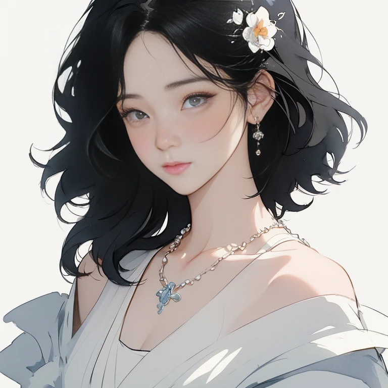 (highest quality、masterpiece)、(Concept Art)、(Avatar)、(icon)、((One Woman))、Age 25、((alone))、(Bust Shot)、(Shoulder Shots)、 (Black Hairの、Beautiful hairstyle)、Black Hair、(Short Hairstyles)、one piece、hair ornaments、necklace、elegant、 romantic、Highly detailed skin、Ray Tracing、 (Soft Focus)、(Soft Light)、(Soft Shading)、 pastel colour、ink、(Sketch Style)、(Bright)、(Sargent-style watercolor)、(Edmund Leighton Style)、((White Background))、((Blank Background))、