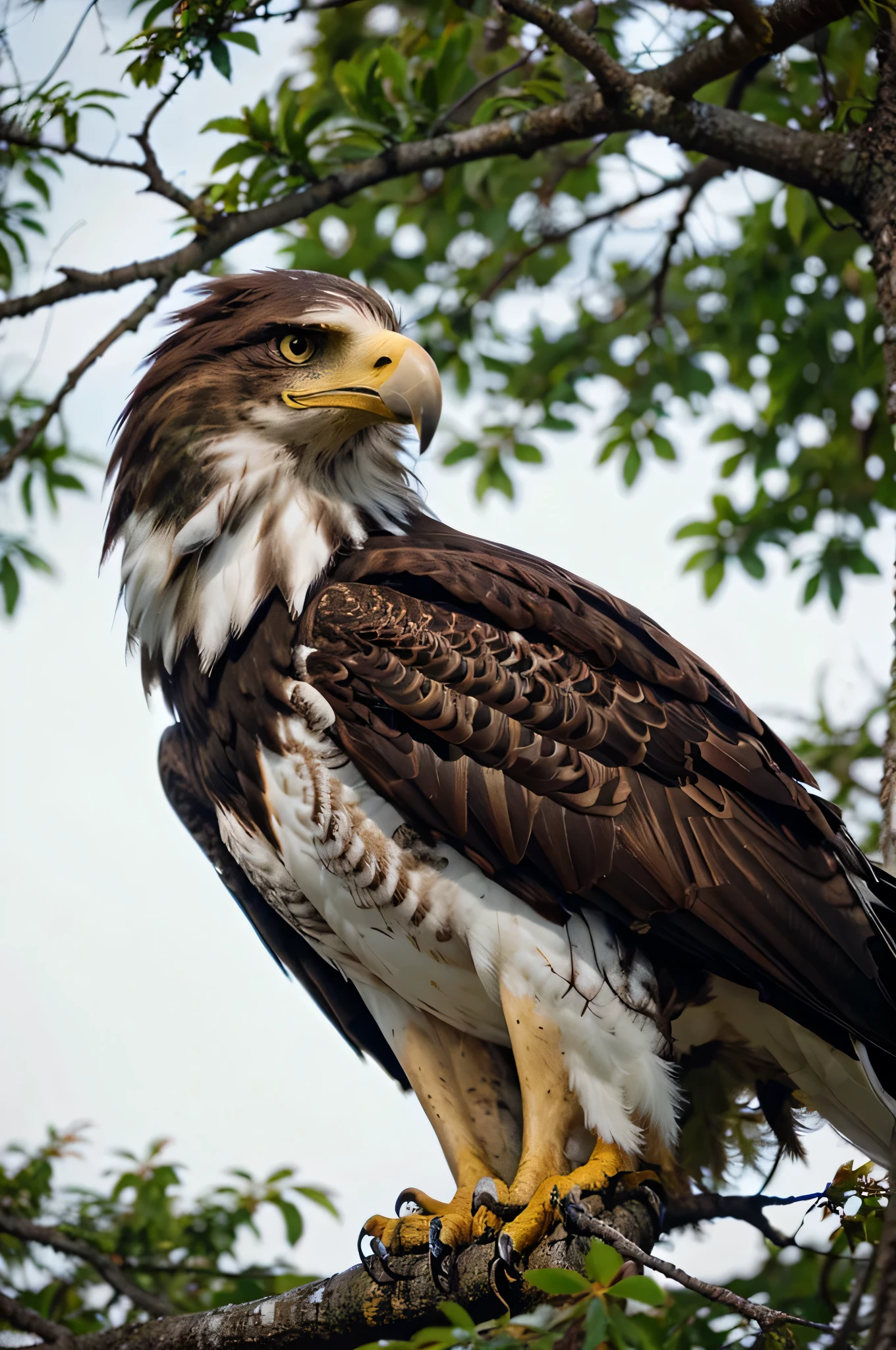 

formidable eagle sitting on a branch close-up, dark forest, looking right in the camera