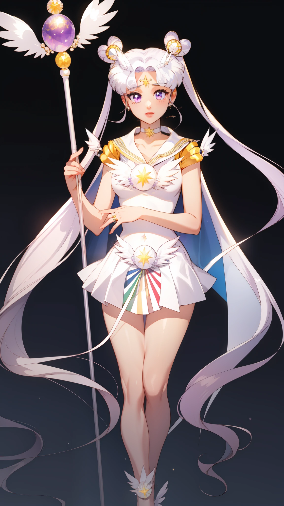 photorealistic, (hyperrealistic:1.2), (extremely detailed CG unity 8k wallpaper), (ultra-detailed), masterpiece, best quality, 1girl, sailor cosmos, standing, fullbody,  solo, long hair, skirt, hair ornament, twintails, jewelry, purple eyes, white hair, pleated skirt, earrings, choker, sailor collar, hair bun, cape, character name, double bun, facial mark, white skirt, brooch, white sailor collar, hairpin, forehead mark, white choker, sailor senshi uniform, holding staff