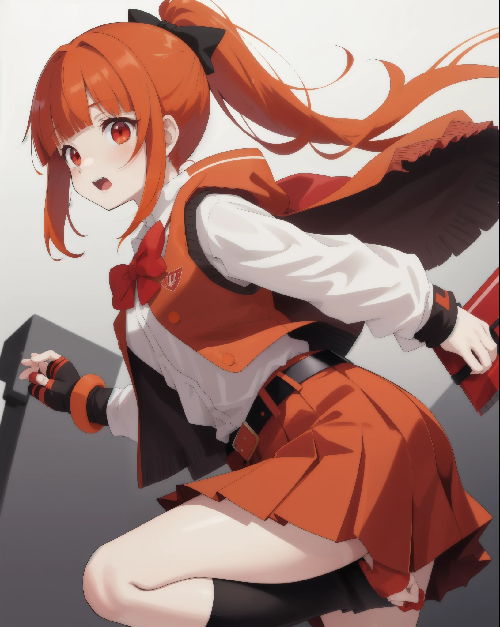 score_9, score_8_up, score_7_up,
akazutsumi momoko, 1girl,solo,long hair,red eyes,blunt bangs,orange hair, ponytail,red bow, fingerless gloves, skirt, belt, red vest,