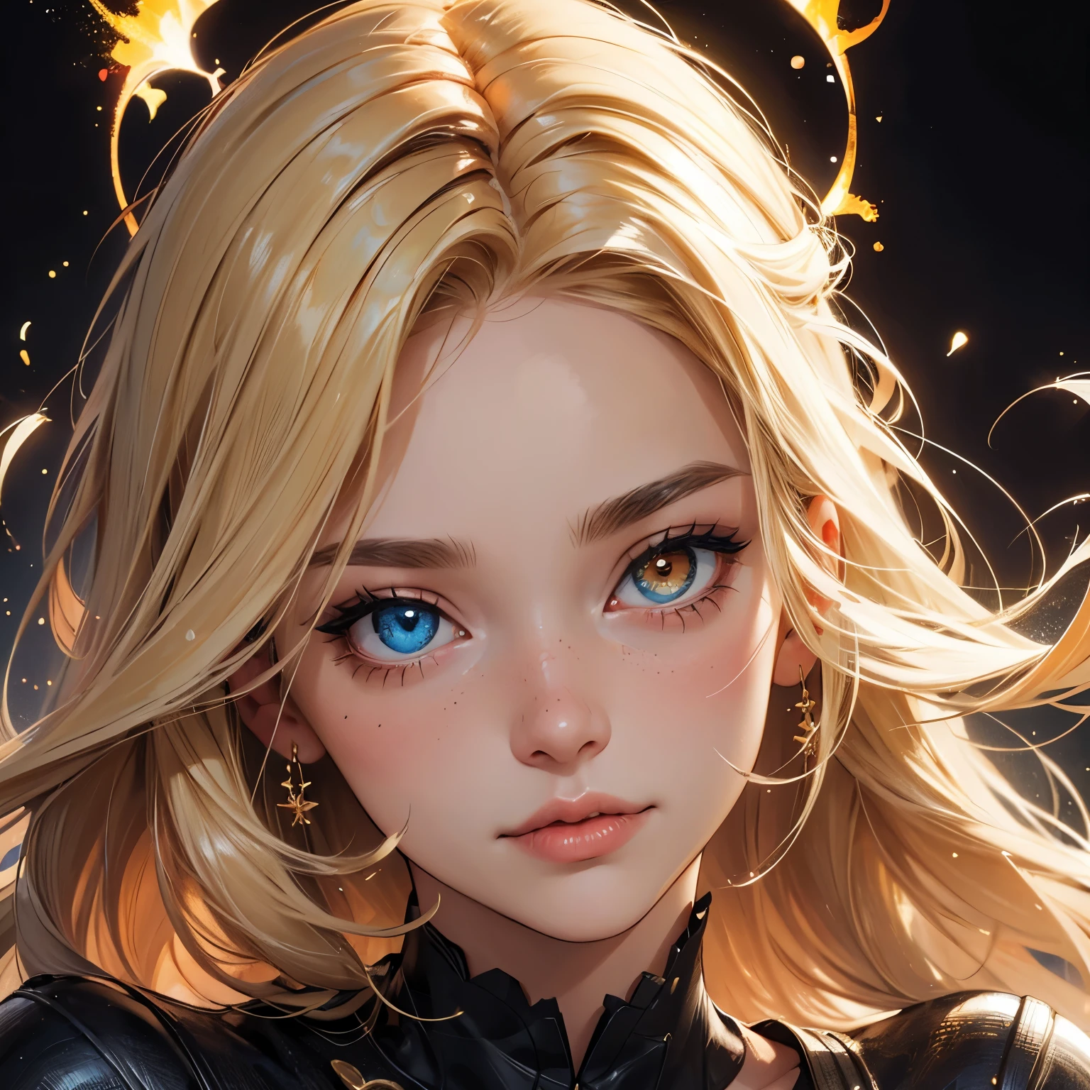 portrait,close up blonde woman,(best qualtiy,tmasterpiece),1girl,nice poses, Particle,ventania,The upper part of the body,clothes, beautiful detail eyes, black, side glance, multicolor hair, colorful light, particles, heterochromia,