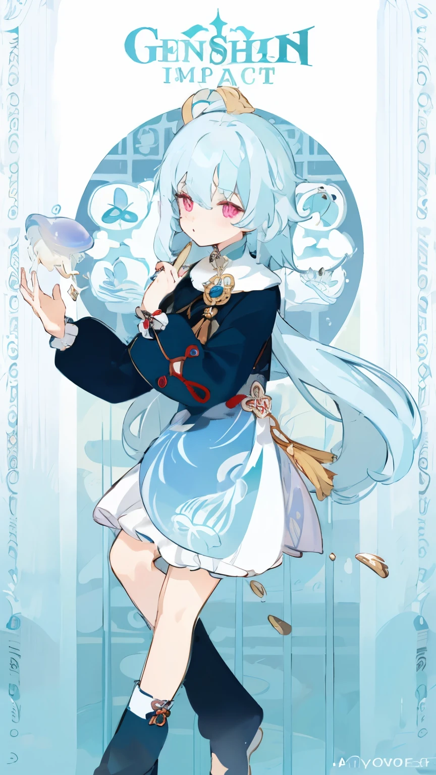 Young girl, long hair jellyfish style, pink eyes, genshin impact style, aqua vision, country Liyue 