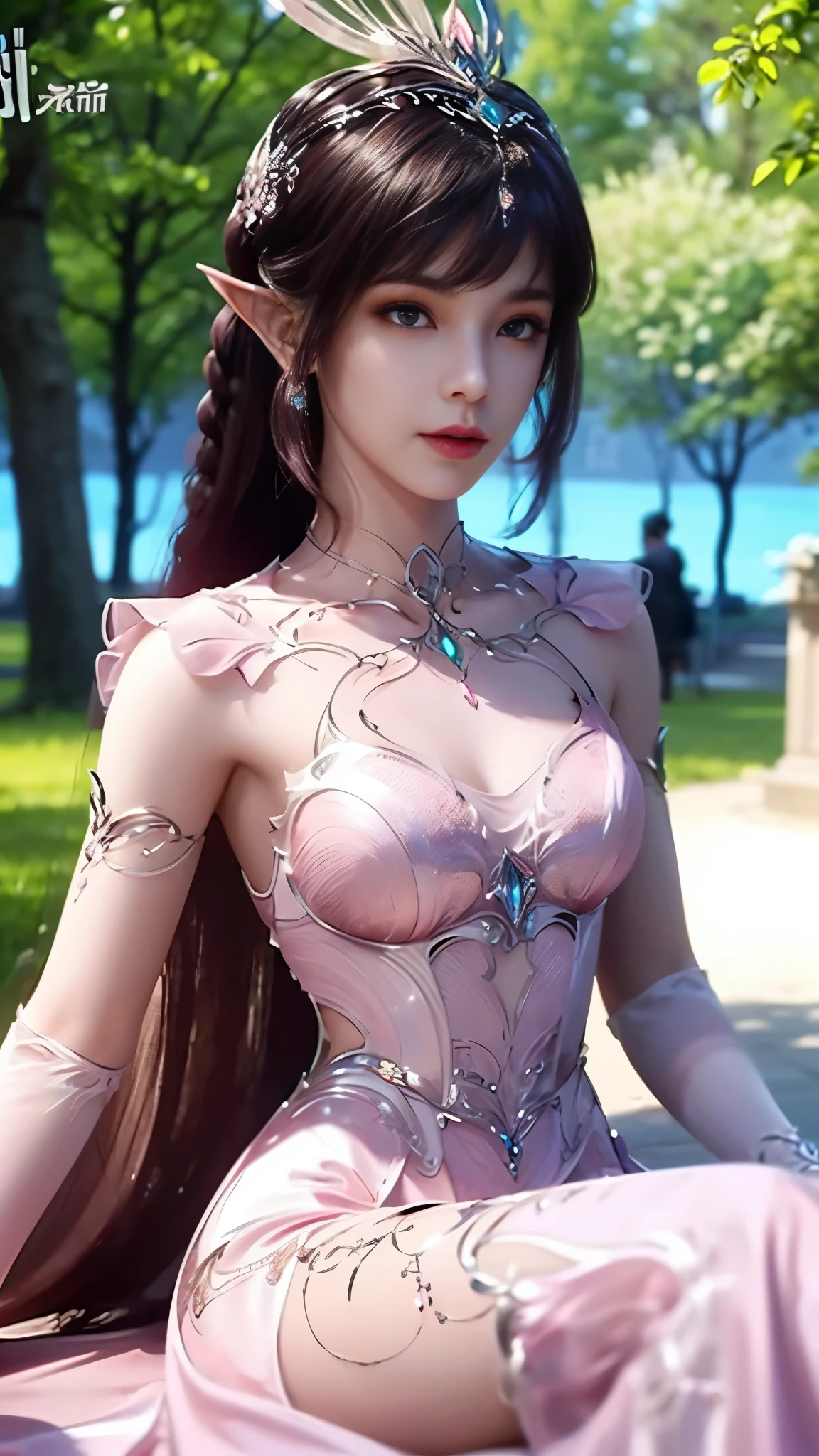 8k, masterpiece, a close up of a woman in a  dress, perfect front body, bare thigh, ((very long hair)), a beautiful fantasy empress, ((pink fantasy dress:1.5)), beautiful fantasy maiden, fantasy art style, trending on cgstation, beautiful and elegant elf queen, beautiful maiden, shining skin, intricate ornate anime cgi style, ((a beautiful fantasy pink empress)), beautiful alluring Realistic woman, shining skin, in the park, sun shining, Realistic shadow, front poses, sitting,