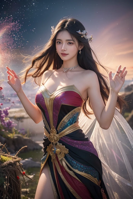 1girl, 23 years old, standing regal with open hands, symmetrical and fractal, multi-color red, long straight black hair, colorful (1.2), lies in a bird's nest and hatches (1.2), perfect face, sexy linagerie, oil smooth skin, kinky and sexy smile, looking at the viewer, , , multi color pastel , fairy vibe , background of mystic realm and magic, the particles of magic light with multi color , wind forming particles in seamless fractal pattern, warm light, epic scene , HDR+, extreme detailed ,Nikon D850, masterpiece, devianart, photo-real painting