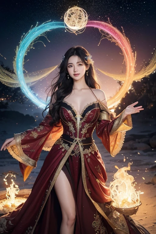 1girl, 23 years old, standing regal with open hands, symmetrical and fractal, multi-color red, long  straight black hair, colorful (1.2), lies in a bird's nest and hatches (1.2), perfect face, sexy linagerie, oil smooth skin,  kinky and sexy smile, looking at the viewer, , , multi color pastel , fairy vibe , background of mystic realm and magic, the particles of magic light with multi color , wind forming particles in seamless fractal pattern, warm light, epic scene , HDR+, extreme detailed ,Nikon D850, masterpiece, devianart, photo-real painting