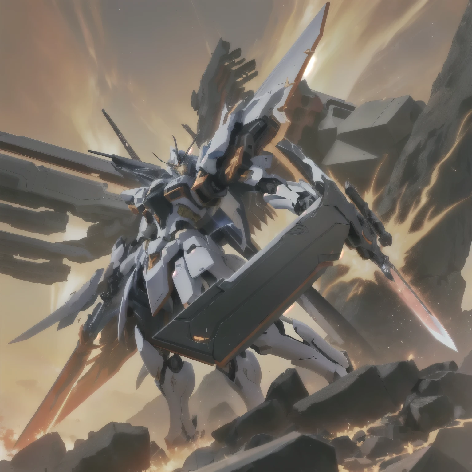 Anime character with sword and fire on the background, Mecha Art, Epic anime artwork, Cool mecha style, Advanced Digital Anime Art ”, Best konachan anime wallpaper 4k, anime mecha, high detailed official artwork, High resolution artwork, anime badass 8 k, modern anime mecha, anime mechaยักษ์, Detailed digital anime art