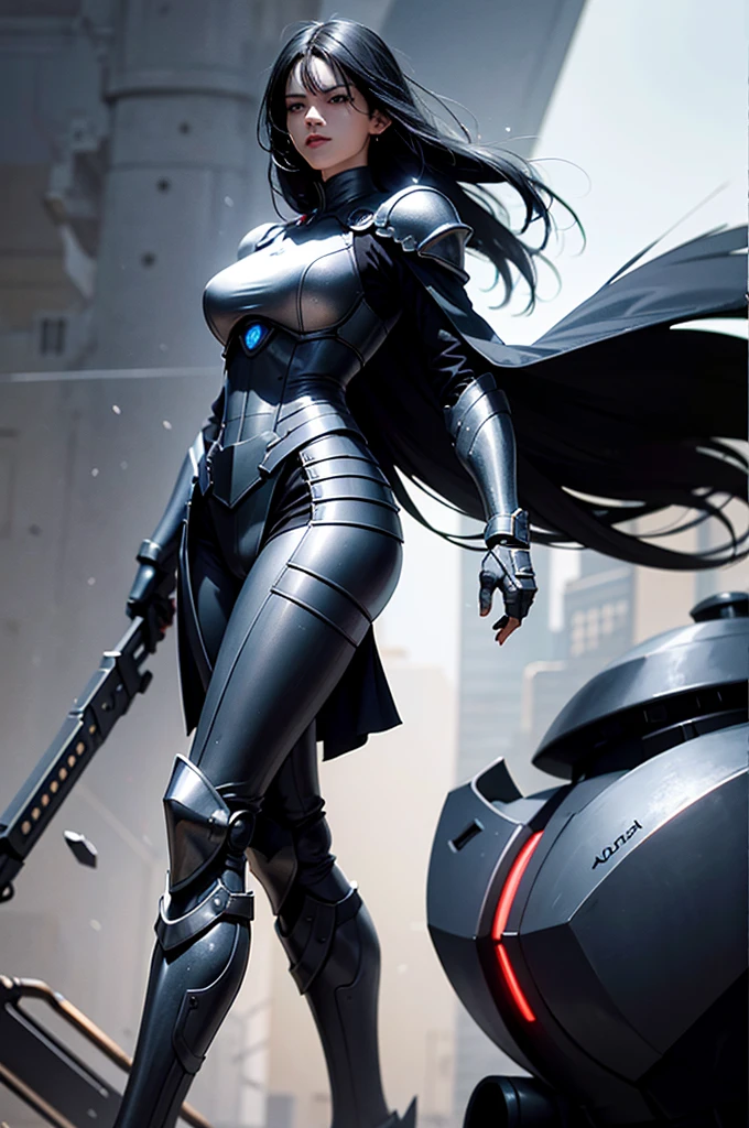 Incredibly ridiculous face, silky long black hair, pure black long hair (obvious), domineering female attack, indifferent and emotionless expression, hair color is black, black hair, woman wearing black nano armor, full of mecha sense, full of science and technology, mecha chest has a dark red miniature nuclear reactor, cool armor, armor lines are clearly visible, armor metal is strong, realistic and natural picture quality, special forces, nano armor wrapped in the whole body, beyond 8K picture quality, extremely high clarity 1girl, adult women, adult female figure, long legs, extremely high rendering effect, 2D painting style, realistic photo photos, snow-white skin, royal sister style, big sister, indifferent expression, serious face, conservative tight dressing, angular, classical beauty