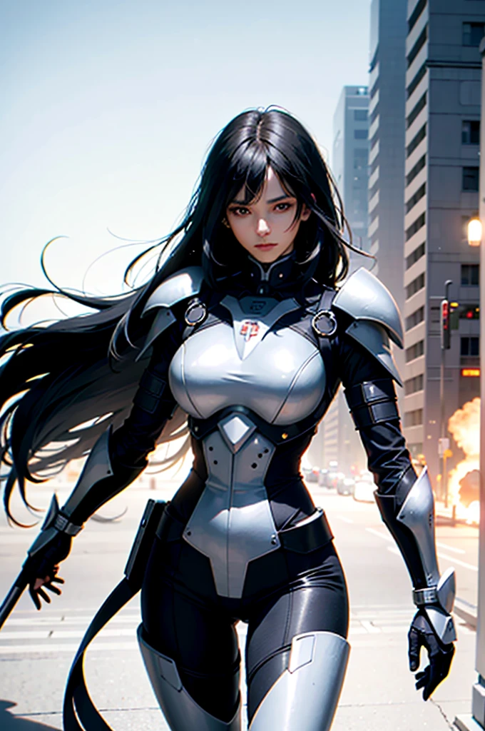 Incredibly ridiculous face, silky long black hair, pure black long hair (obvious), domineering female attack, indifferent and emotionless expression, hair color is black, black hair, woman wearing black nano armor, full of mecha sense, full of science and technology, mecha chest has a dark red miniature nuclear reactor, cool armor, armor lines are clearly visible, armor metal is strong, realistic and natural picture quality, special forces, nano armor wrapped in the whole body, beyond 8K picture quality, extremely high clarity 1girl, adult women, adult female figure, long legs, extremely high rendering effect, 2D painting style, realistic photo photos, snow-white skin, royal sister style, big sister, indifferent expression, serious face, conservative tight dressing, angular, classical beauty