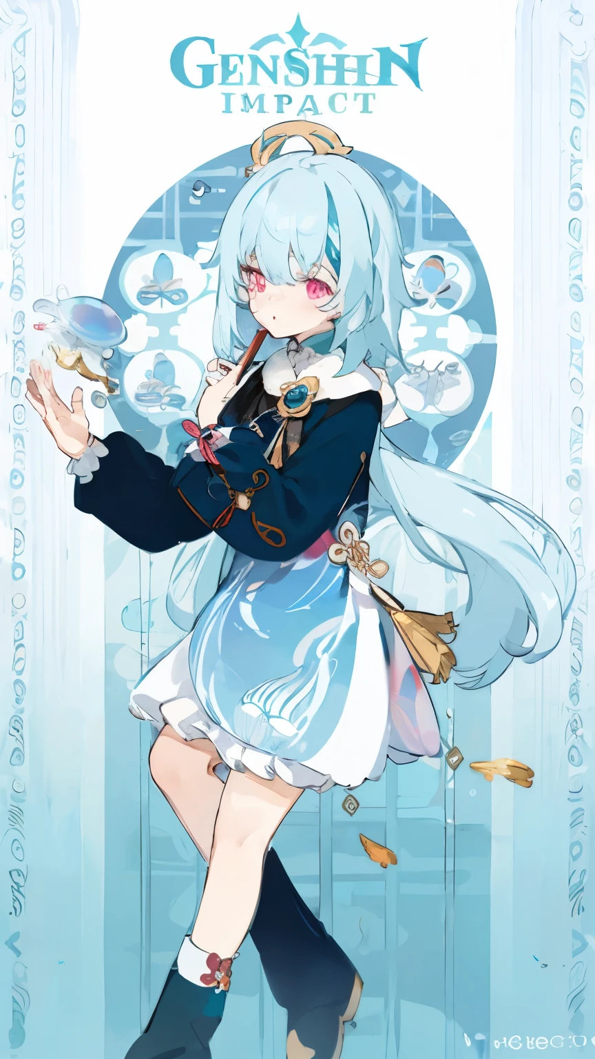 Young girl, long hair jellyfish style, pink eyes, genshin impact style, aqua vision, country Liyue