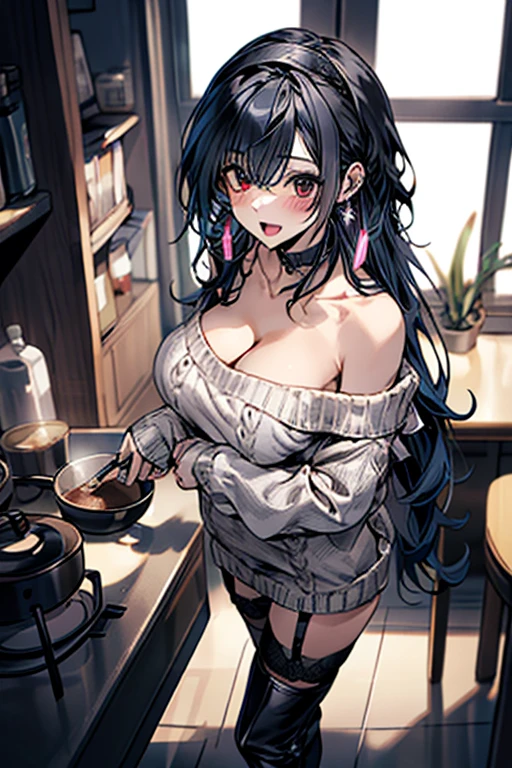 (from above:1.2),(from side:0.9),(Close-Up:0.4), masterpiece, yor, 1girl, Amazing Cleavage:1.3, thin waist, big ass, Raised sexy, medium breast: 1.3 posed cleavage:1.2、solo, looking at viewer, open mouth, have a cup of coffee,black hair, red eyes, dress, bare shoulders, jewelry, collarbone, sidelocks, hairband, earrings, indoors, off shoulder, :o, sweater, arms behind back, plant, short hair with long locks, white hairband, off-shoulder dress, sweater dress, off-shoulder sweater, red sweater, big side hair, very long side hair,is rendered in (masterpiece: 1.2, best quality), with (ultra high resolution) and an exquisite (depth of field). This masterpiece is not only visually stunning but also tells, make of cooking some cakes ,in the kitchen,open mouth smile((leather thigh high boots))(garter belt),((black hair)),blush、surprised face,