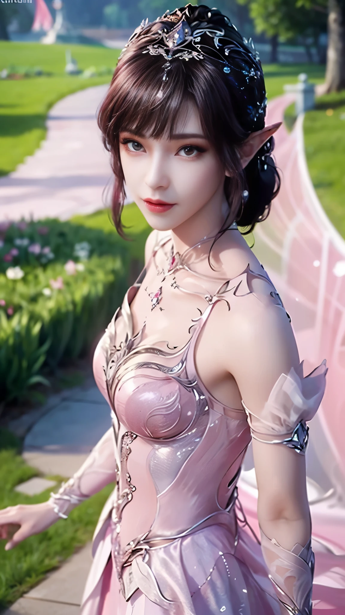 8k, masterpiece, a close up of a woman in a  dress, perfect front body, bare thigh, ((very long hair)), a beautiful fantasy empress, ((pink fantasy dress:1.5)), beautiful fantasy maiden, fantasy art style, trending on cgstation, beautiful and elegant elf queen, beautiful maiden, shining skin, intricate ornate anime cgi style, ((a beautiful fantasy pink empress)), beautiful alluring Realistic woman, shining skin, in the park, sun shining, Realistic shadow, award winning pose,