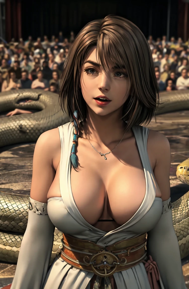 yunaffx, deep cleavage, large breasts, lying on stage, being swallowed by giant snake, coils around her waist