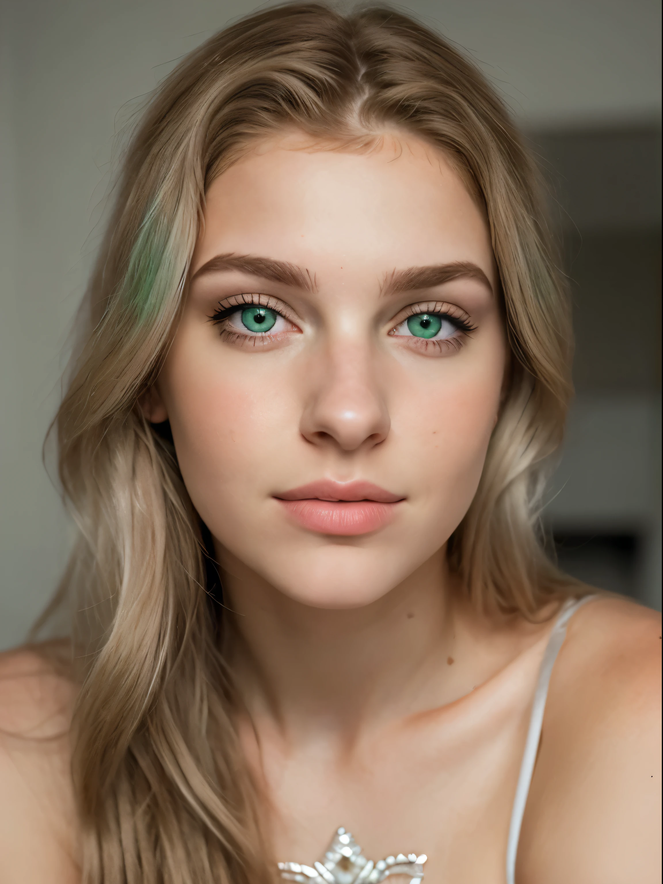 There is an 18 year old woman, Retrato de una hermosa joven modelo, with pale skin, 25% anastasiya kvitko, 25% Yulia Rose, 25% oktyabrina maximova, 25% Daniela Nicolas, natural soft pale skin, cabello rubio platinado, cabello con trenzas, piel brillante, pechos muy grandes, ojos verdes hd brillantemente iluminados, small juvenile body, Altura de 1.62 metros, sentada con las piernas cruzadas