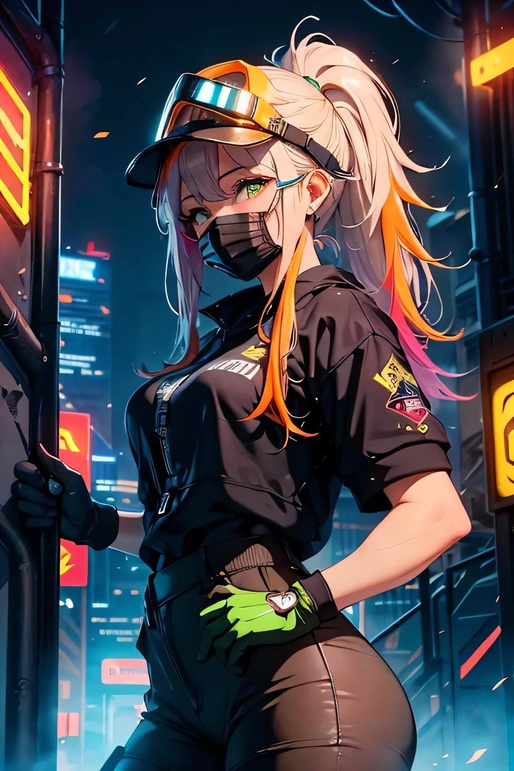 Highest image quality, outstanding details, ultra-high resolution, the best illustration, favor details, highly condensed, in welding action, hyper sexy worker girl, beautiful rainbow Green eyes, the girl is welding  ,1girl with long rainbowcolors brown hairs with ponytail , multicolors hairs, the girl is wearing a welding mask, cyberpunk, the girl is dressed in a blue worker combine and wearing big orange welding gloves, the background is a high-teck industry, many graffitis fluorescent on the walls , full view of woman, plan large, many fluo lights, black neon tubelights, HD, high quality, beautiful lightening, upscale HD image, very detailed, full details, 