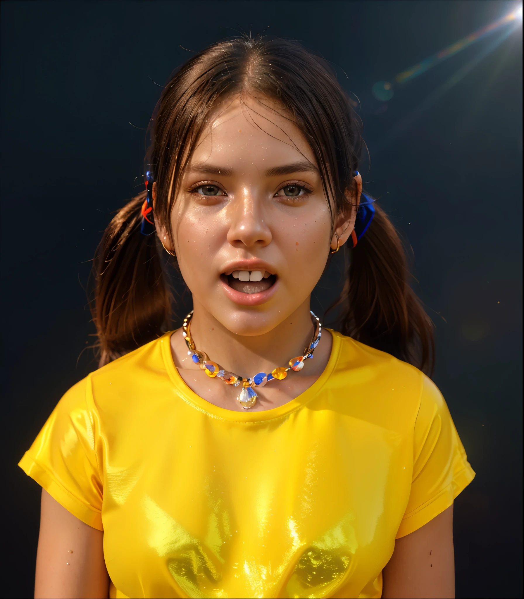 portrait of a girl, glossy texture, smooth 3d model, A girl with two pigtails, wearing a orange shirt, looks scared. Satin skin with natural texture, ultra realistic hyper realistic body skin texture ultra realistic a girl with long brown ponytails, black round glasses, wearing a bright shirt and glasses, stretches out her hands. She has a frightened expression on her face, perfect smooth skin.  multiple light sources, rim light, sharp post effects render, (glossy plastic texture with multiple big light probe refractions), perfect cgi, smooth silhouette, high intensity refraction, (super glossy material), most beautiful vfx, blue background, plastic refractions, realistic, 4k, high resolution, rim light, photo shoot, commercial photo, profile shot, 4k, rim light, high resolution, 4k, glossy texture, smooth 3d model, multiple light sources, rim light, sharp post effects render, (glossy metallic texture with multiple big light probe refractions), perfect cgi, cgi art created only with gradients, smooth silhouette, high intensity refraction, (super glossy chrome material), most beautiful vfx, blue background, chrome metal refractions, multiple light sources, rim light, sharp post effects render, perfect cgi, digital art, detailed digital art, reflective, best quality, 4k, masterpiece:1.2, ultra-detailed, realistic, vivid colors, dark and moody lighting, The image of the highest quality, ensuring every detail showcased perfectly. It in 4k resolution, allowing viewers to immerse themselves in the richness of the colors and intricate details. The realistic rendering. under the spotlight, reflecting, high-resolution image, realistic rendering, dark background, and rim light photorealistic
