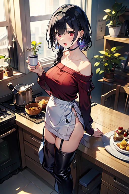 (from above:1.2),(from side:0.9),(Close-Up:0.4), masterpiece, yor, 1girl, Amazing Cleavage:1.3, thin waist, big ass, Raised sexy, medium breast: 1.3 posed cleavage:1.2、solo, looking at viewer, open mouth, have a cup of coffee,black hair, red eyes, dress, bare shoulders, jewelry, collarbone, sidelocks, hairband, earrings, indoors, off shoulder, :o, sweater, arms behind back, plant, short hair with long locks, white hairband, off-shoulder dress, sweater dress, off-shoulder sweater, red sweater, big side hair, very long side hair,is rendered in (masterpiece: 1.2, best quality), with (ultra high resolution) and an exquisite (depth of field). This masterpiece is not only visually stunning but also tells, make of cooking some cakes ,in the kitchen,open mouth smile((leather thigh high boots))(garter belt),((black hair)),blush、surprised face,