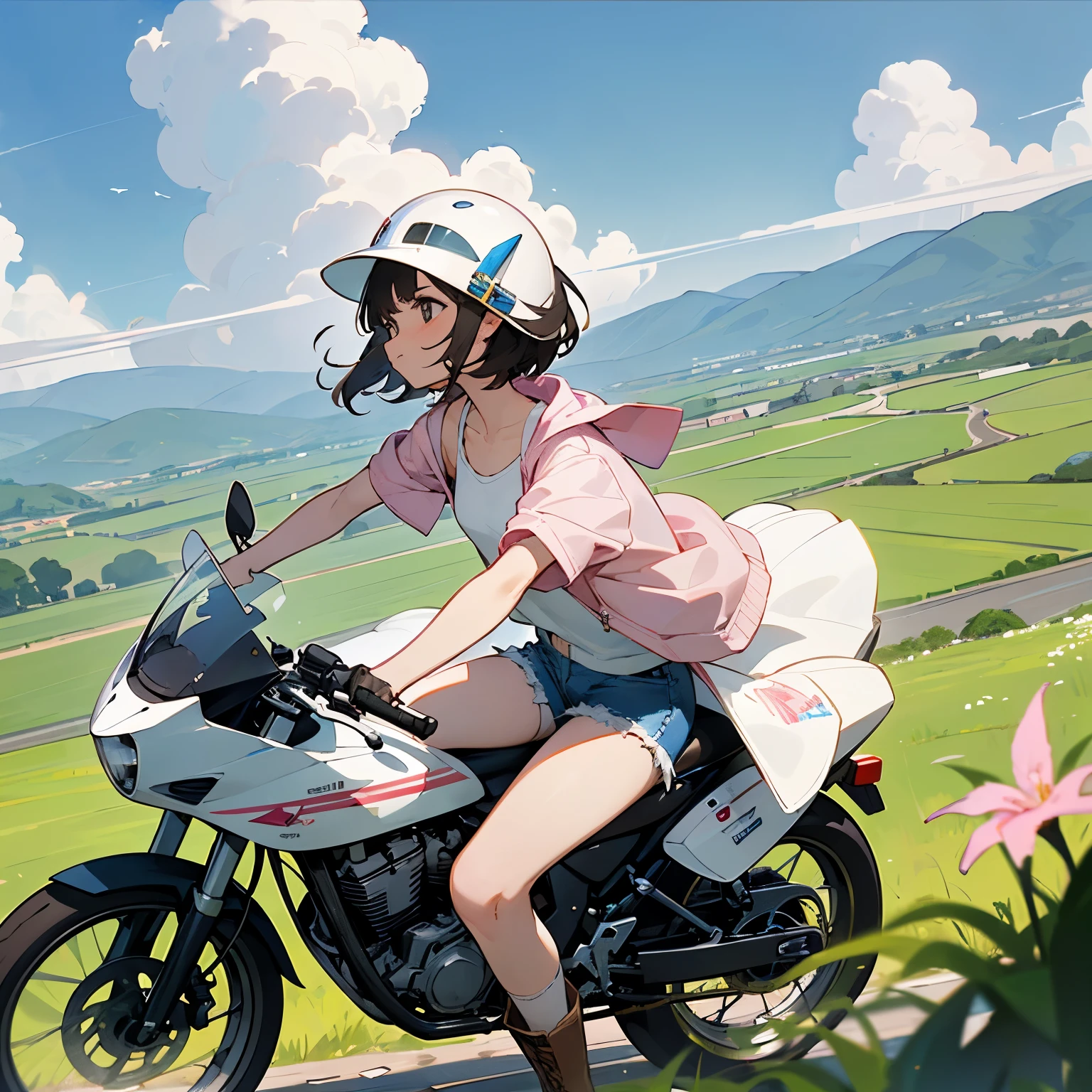 Highest quality、A girl is riding a white Super Cub、Dark brown short cut、(He is wearing a jet helmet with white and black lines running down the center of the helmet from front to back.、White tank top、Pink jacket、Denim shorts、White knee-high socks、Brown work boots:1.3)、Japanese countryside scenery、Road beside the stream、Small creek、Dirt Road、Weeds grow along the side of the road、Blue sky、White clouds floating、Early summer sky、