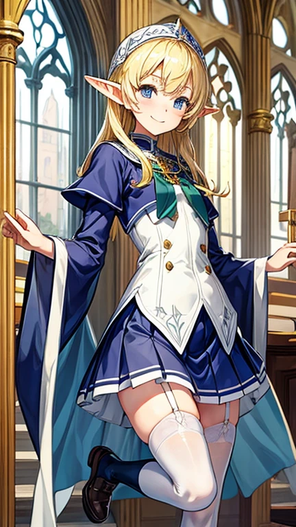 Cathedral、Elf、Primary school students、Blonde、clergyman、smile、Small breasts、Small breasts、Clothes that accentuate the chest、Very short skirt、Knee socks、garter belt
