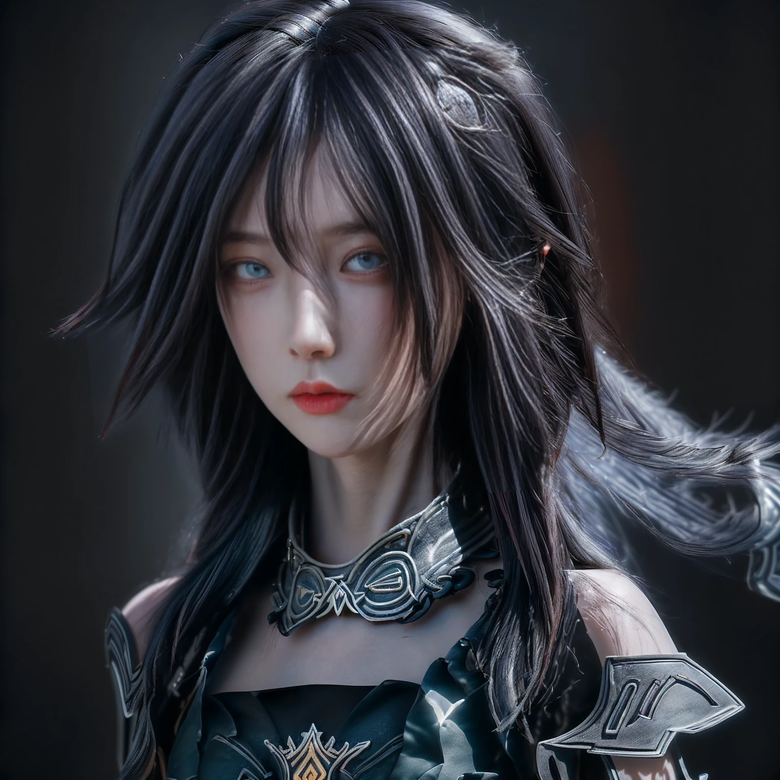 Masterpiece,Game art,The best picture quality,Highest resolution,8K,(Portrait),Unreal Engine 5 rendering works,(Digital Photography),((Portrait Feature:1.5)),
20 year old girl,Short hair details,With long bangs,(The red eye makeup is very meticulous),(With long gray hair:1.4),(Large, full breasts),Elegant and noble,Brave and charming,
(Future armor combined with the characteristics of ancient Chinese armor,Hollow design,Power Armor,The mysterious Eastern runes,A delicate dress pattern,A flash of magic),Warrior of the future,Cyberpunk figures,Background of war,
Movie lights,Ray tracing,Game CG,((3D Unreal Engine)),OC rendering reflection pattern