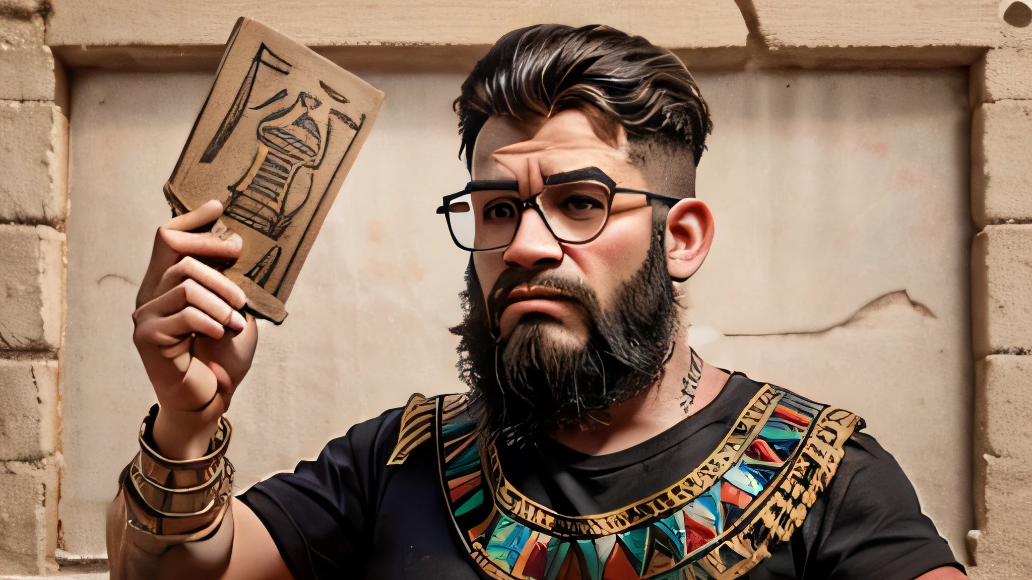 e scene depicts one man (just one man) with glasses and a beard, wearing a black T-shirt, painted on an Egyptian papyrus. The intricate details capture the essence of ancient Egyptian artistry, with meticulous attention to detail in the portrayal of the man's features, clothing, and surroundings. The texture of the papyrus adds depth and authenticity to the artwork, transporting viewers to a bygone era.