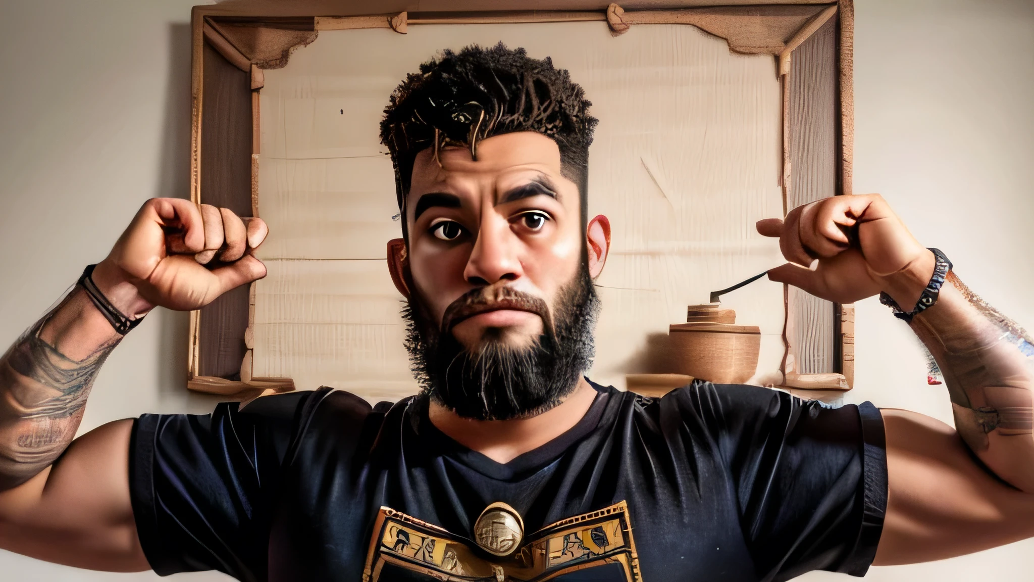 e scene depicts one man (just one man) with glasses and a beard, wearing a black T-shirt, painted on an Egyptian papyrus. The intricate details capture the essence of ancient Egyptian artistry, with meticulous attention to detail in the portrayal of the man's features, clothing, and surroundings. The texture of the papyrus adds depth and authenticity to the artwork, transporting viewers to a bygone era.