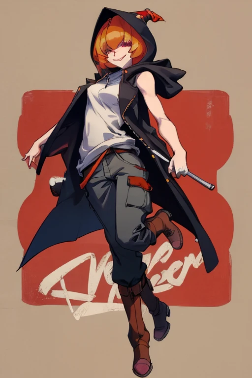 ((highest quality)), ((masterpiece)), (be familiar with),Clementine,Overload,{{nsfw}},Sleeveless hoodie,cargo pants,Bewitching Smile,whole body,boots,Long coat
