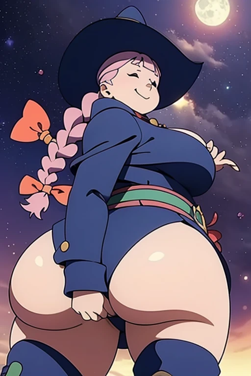 (masterpiece, top quality, best quality, beautiful and aesthetic:1.2), jasminka antonenko, 1girl, solo, plump, closed eyes, long hair, pink hair, braid, twin braids, hair bow, smile, bow, breasts, large breasts, witch hat, witch, luna nova , skirt, long skirt, long sleeves, belt, boots, full body, white panties, standing, close up view from behind, upskirt view