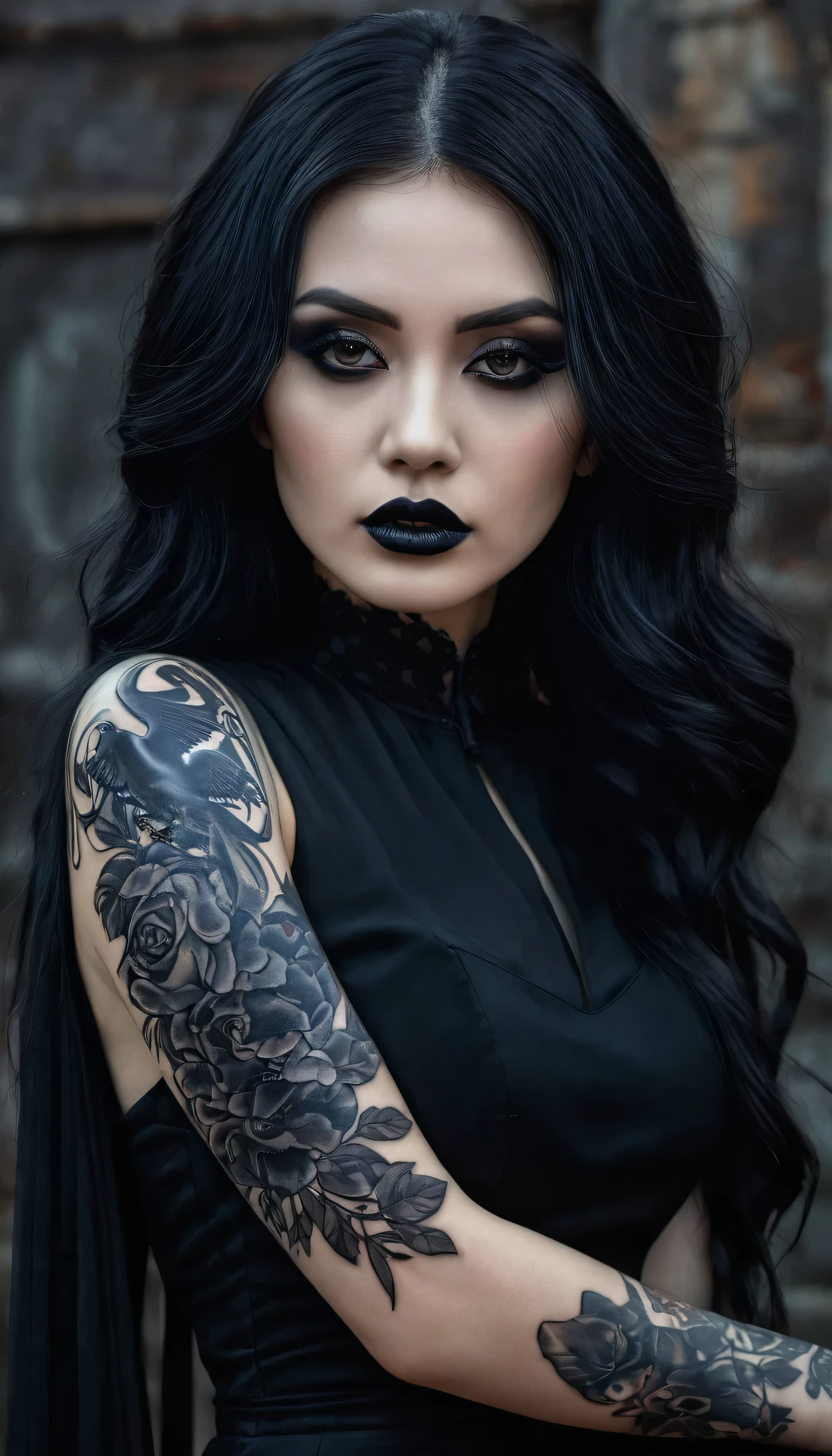 a woman with a black lip and a black dress with a tattoo on her arm, a photorealistic painting by Natasha Tan, trending on cgsociety, gothic art, dark fantasy mixed with realism, dark hair and makeup, very beautiful goth top model, awesome and moody, dark tattoo, raven black hair, portrait of a dark goddess, goth woman, dark makeup, dark beauty