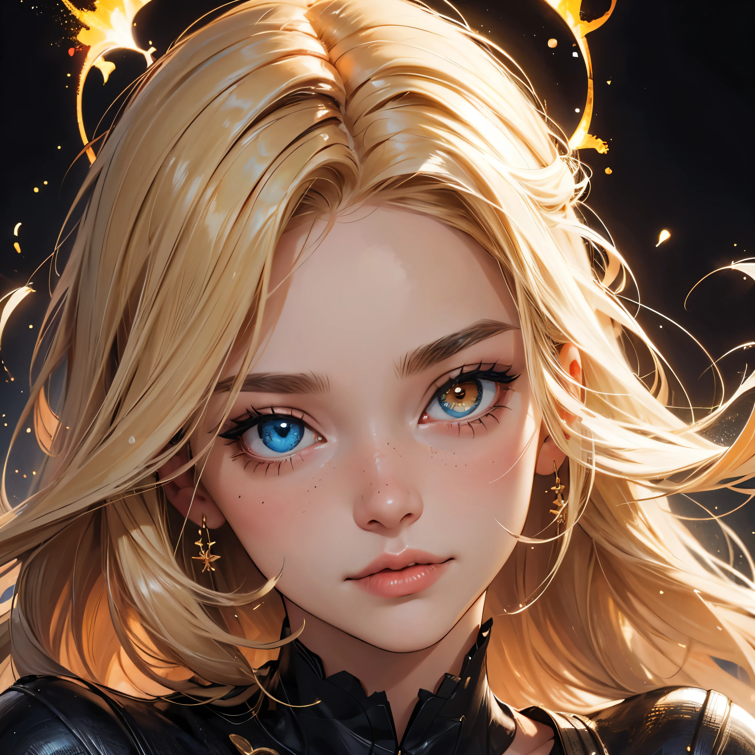 portrait,close up blonde woman,（best qualtiy，tmasterpiece），1girl，nice poses, Particle，ventania，The upper part of the body，clothes, beautiful detail eyes, black, side glance, multicolor hair, colorful light, particles, heterochromia,