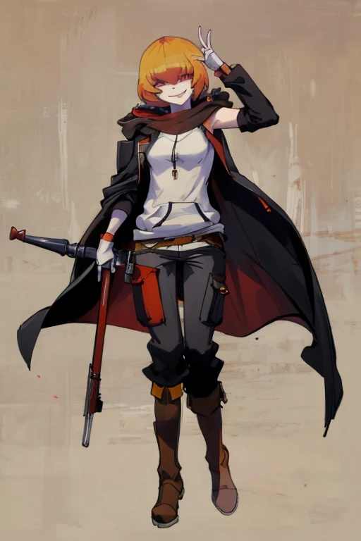 ((highest quality)), ((masterpiece)), (be familiar with),Clementine,Overload,{{nsfw}},Sleeveless hoodie,cargo pants,Bewitching Smile,whole body,boots,Long coat