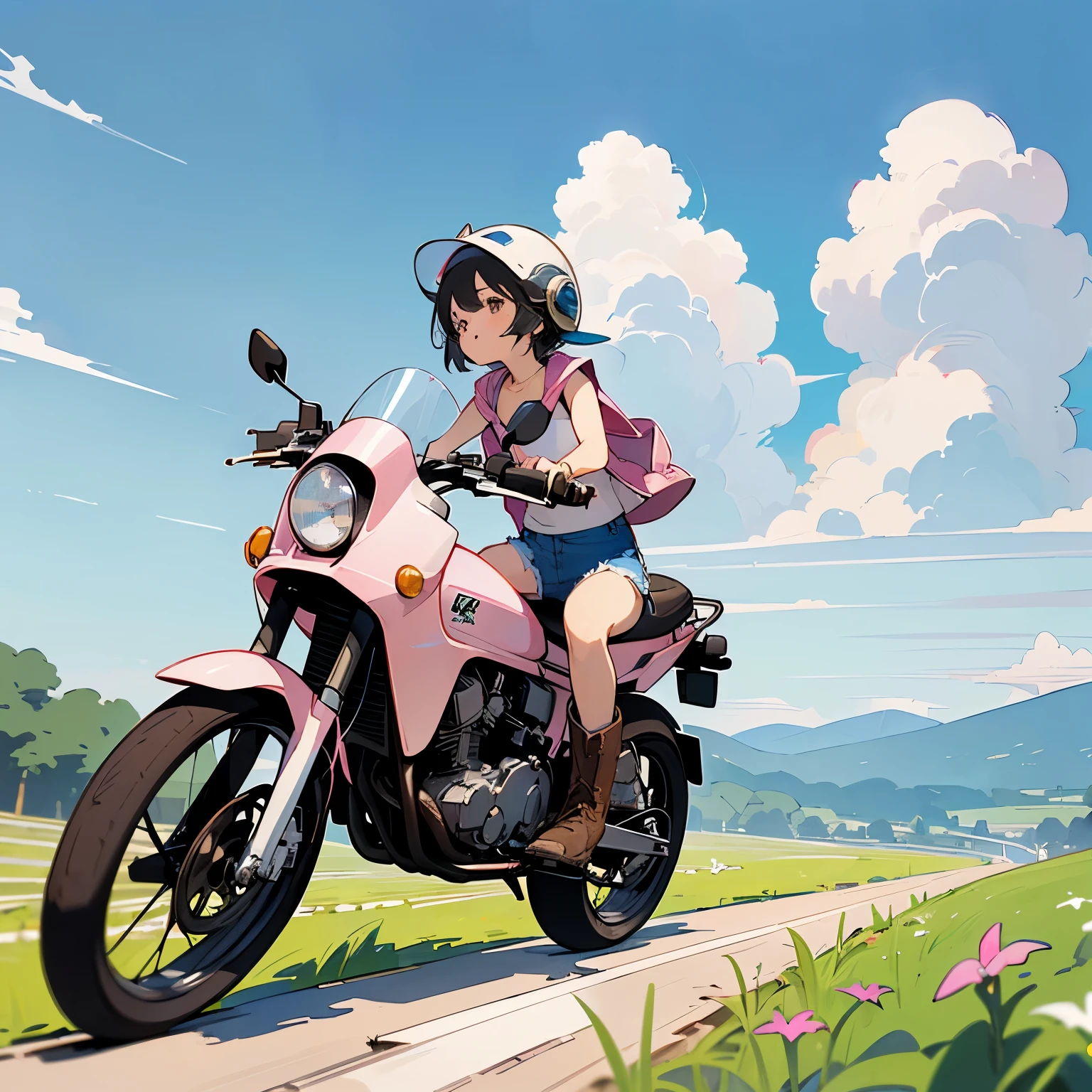 Highest quality、A girl is riding a white Super Cub、Dark brown short cut、(He is wearing a jet helmet with white and black lines running down the center of the helmet from front to back.、White tank top、Pink jacket、Denim shorts、White knee-high socks、Brown work boots:1.3)、Japanese countryside scenery、Road beside the stream、Small creek、Dirt Road、Weeds grow along the side of the road、Blue sky、White clouds floating、Early summer sky、