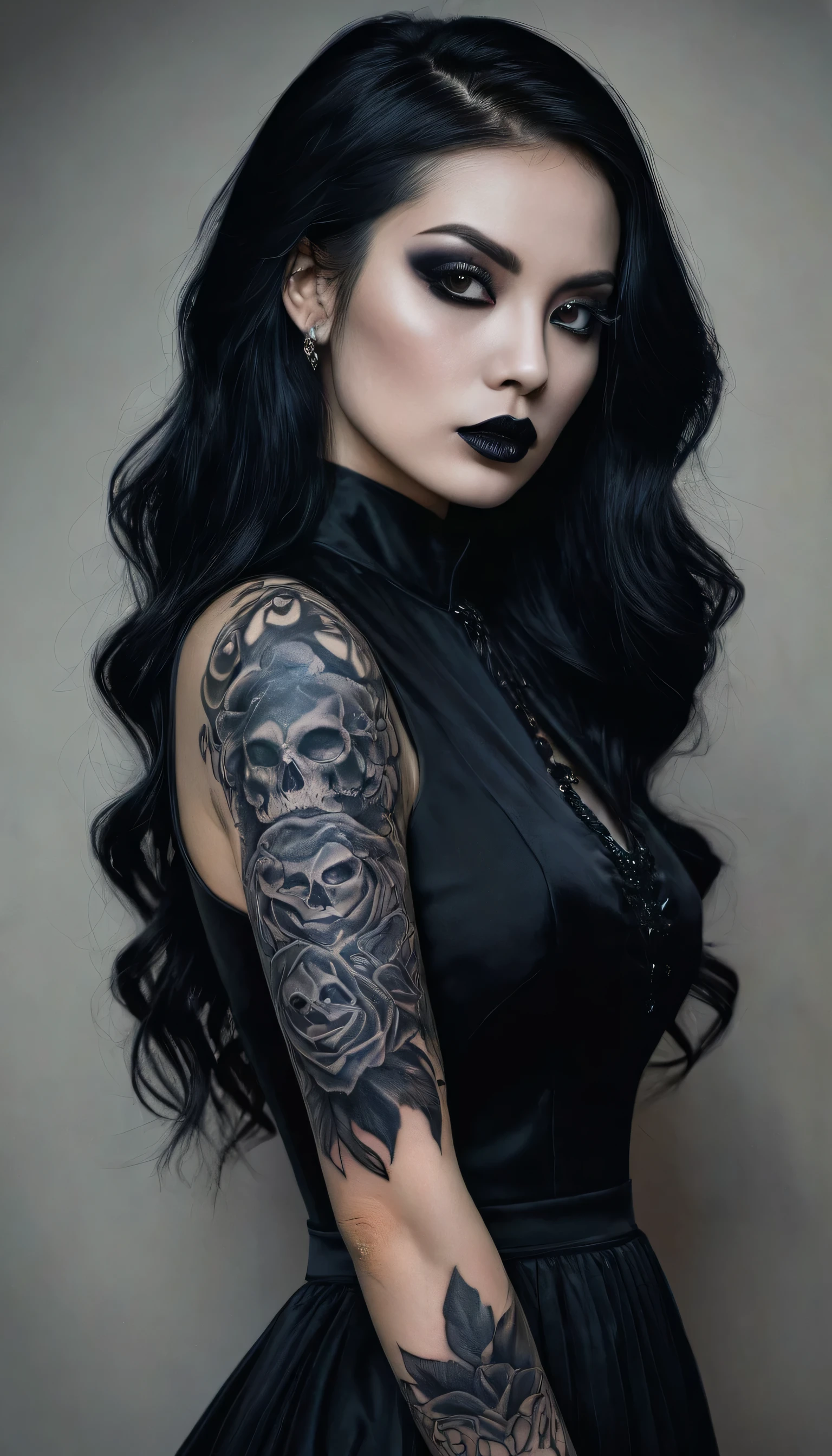 a woman with a black lip and a black dress with a tattoo on her arm, a photorealistic painting by Natasha Tan, trending on cgsociety, gothic art, dark fantasy mixed with realism, dark hair and makeup, very beautiful goth top model, awesome and moody, dark tattoo, raven black hair, portrait of a dark goddess, goth woman, dark makeup, dark beauty