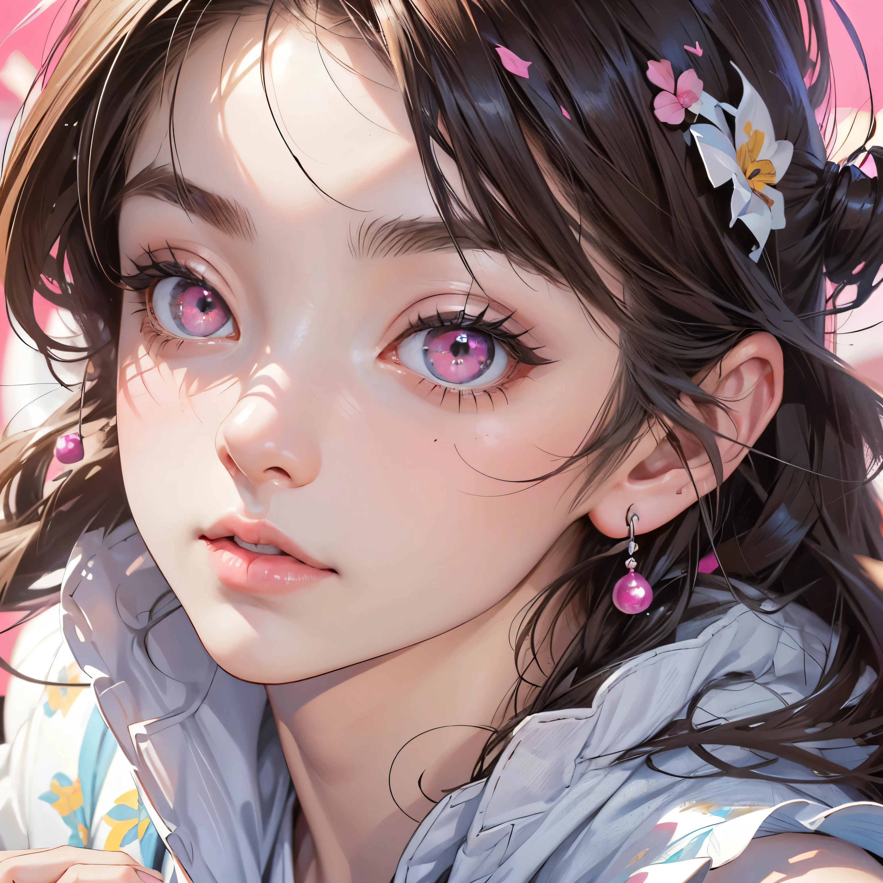 portrait,close up woman,front perspective,(best qualtiy,tmasterpiece),1girl,nice poses, The upper part of the body,clothes, beautiful detail eyes, colorful light,, Yamikawa Punk, jirai kei, (jirai kei fashion:1.1), detailed face, pink eyes, white Blouse, fine details on face,fashion clothes