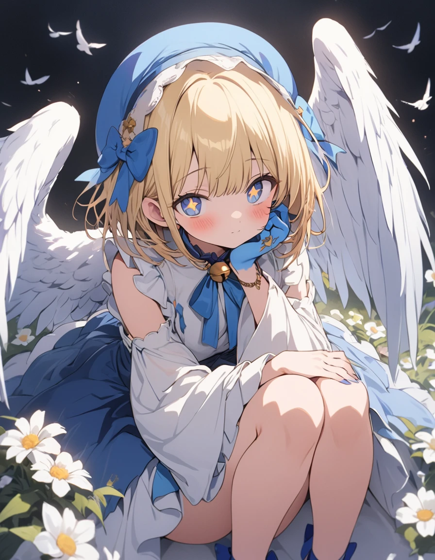 (highest quality、masterpiece、High resolution、detailedな)、One girl, Blonde, White Background, Have, dress, Blue footwear, wing, Simple Background, sign, flower, Wide sleeves, Long sleeve, blush, animal, white flower, alone, whole body, bird, View your viewers, High heels, Put your hand on your cheek, put your hand on your face, Frills, bow, bangs, ribbon, Bell, Blue hat, +_+, shoes下, short hair, Grey Eyes, shoes, Blue Claws, feathered wing, blue bow、(highest quality、masterpiece、High resolution、detailed)、animeスタイル、Flat Style、(Beautiful Eyes, Delicate and beautiful face),  BREAK,extremely detailed、anime