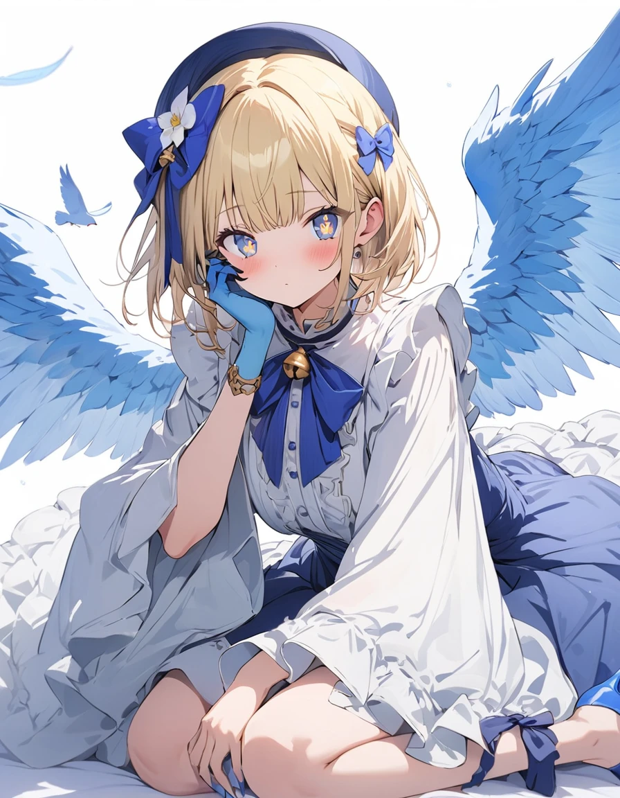 (highest quality、masterpiece、High resolution、detailedな)、One girl, Blonde, White Background, Have, dress, Blue footwear, wing, Simple Background, sign, flower, Wide sleeves, Long sleeve, blush, animal, white flower, alone, whole body, bird, View your viewers, High heels, Put your hand on your cheek, put your hand on your face, Frills, bow, bangs, ribbon, Bell, Blue hat, +_+, shoes下, short hair, Grey Eyes, shoes, Blue Claws, feathered wing, blue bow、(highest quality、masterpiece、High resolution、detailed)、animeスタイル、Flat Style、(Beautiful Eyes, Delicate and beautiful face), BREAK,extremely detailed、anime