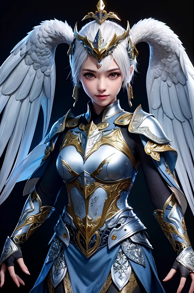 (Highest Quality, Masterpiece: 1.2), Ultra High Resolution, Realistic, Front Lighting, Intricate Detail, Exquisite Detail and Texture, 1girl, Solo, (young), Face Highlight, Upper Body, Detailed Face, Tear Point, Fair Skin, Silver Hair , ponytail, pigtails, viewer, big eyes, large fancy earrings, normal breasts, slim body, luxurious room, professional lighting, photon mapping, radiosity, physically based rendering, paladin armor, iron armor on shoulders and chest Wearing it on the waist and arms, the pattern of an eagle is engraved on the armor, the detailed pattern is designed on the armor, the armor is a style that reveals a woman's body, a short skirt, a mini skirt, and a dress that closely adheres to the body is worn inside the armor ,There is a very luxurious cloak, the pattern is engraved on the shape of the cloak, wearing a pleated tannis skirt, a knight of holy justice, a large super-sized hammer weapon, five fingers naturally, an armor pattern that embodies eagle wings,