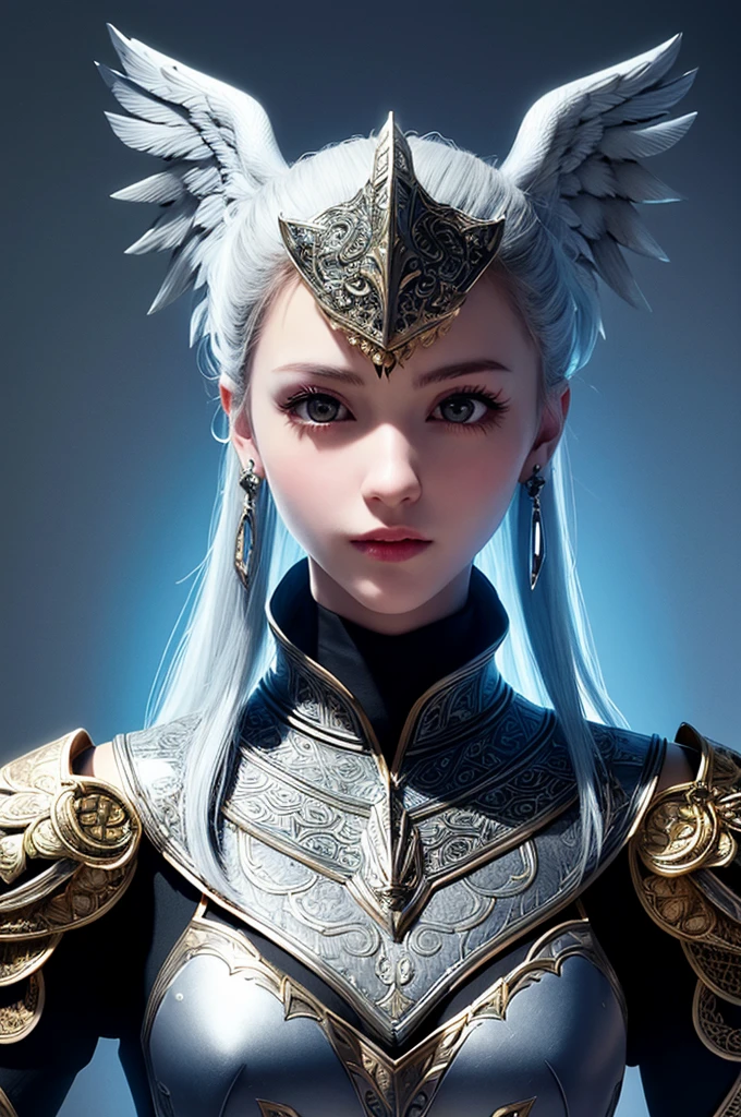 (Highest Quality, Masterpiece: 1.2), Ultra High Resolution, Realistic, Front Lighting, Intricate Detail, Exquisite Detail and Texture, 1girl, Solo, (young), Face Highlight, Upper Body, Detailed Face, Tear Point, Fair Skin, Silver Hair , ponytail, pigtails, viewer, big eyes, large fancy earrings, normal breasts, slim body, luxurious room, professional lighting, photon mapping, radiosity, physically based rendering, paladin armor, iron armor on shoulders and chest Wearing it on the waist and arms, the pattern of an eagle is engraved on the armor, the detailed pattern is designed on the armor, the armor is a style that reveals a woman's body, a short skirt, a mini skirt, and a dress that closely adheres to the body is worn inside the armor ,There is a very luxurious cloak, the pattern is engraved on the shape of the cloak, wearing a pleated tannis skirt, a knight of holy justice, a large super-sized hammer weapon, five fingers naturally, an armor pattern that embodies eagle wings,