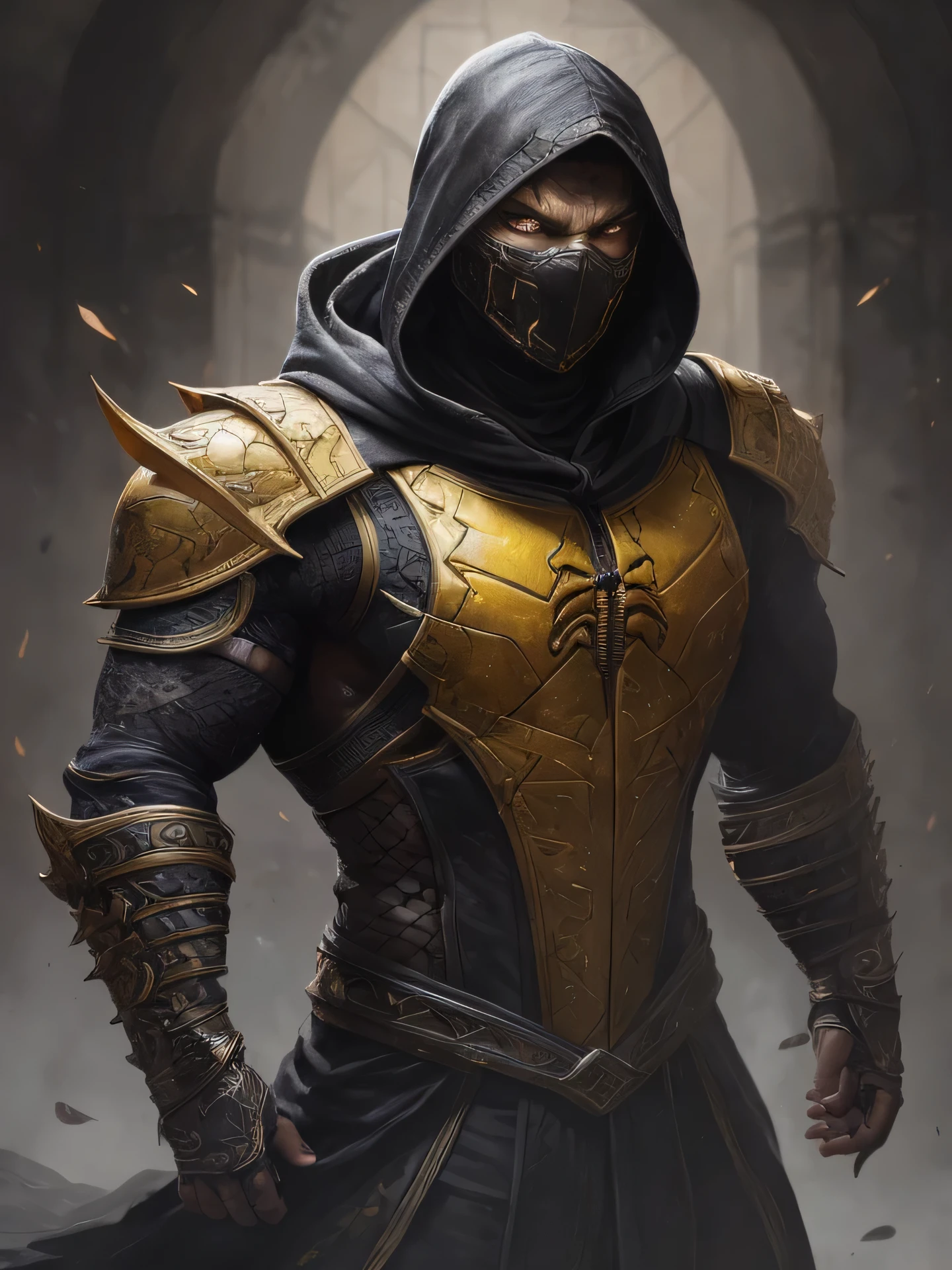 a portrait, scorpion from mortal kombat, detailed white eyes, bladk anc yellow armor, hood, veins on his arm, Intricate, High Detail, Sharp focus, dramatic, photorealistic painting art by greg rutkowski