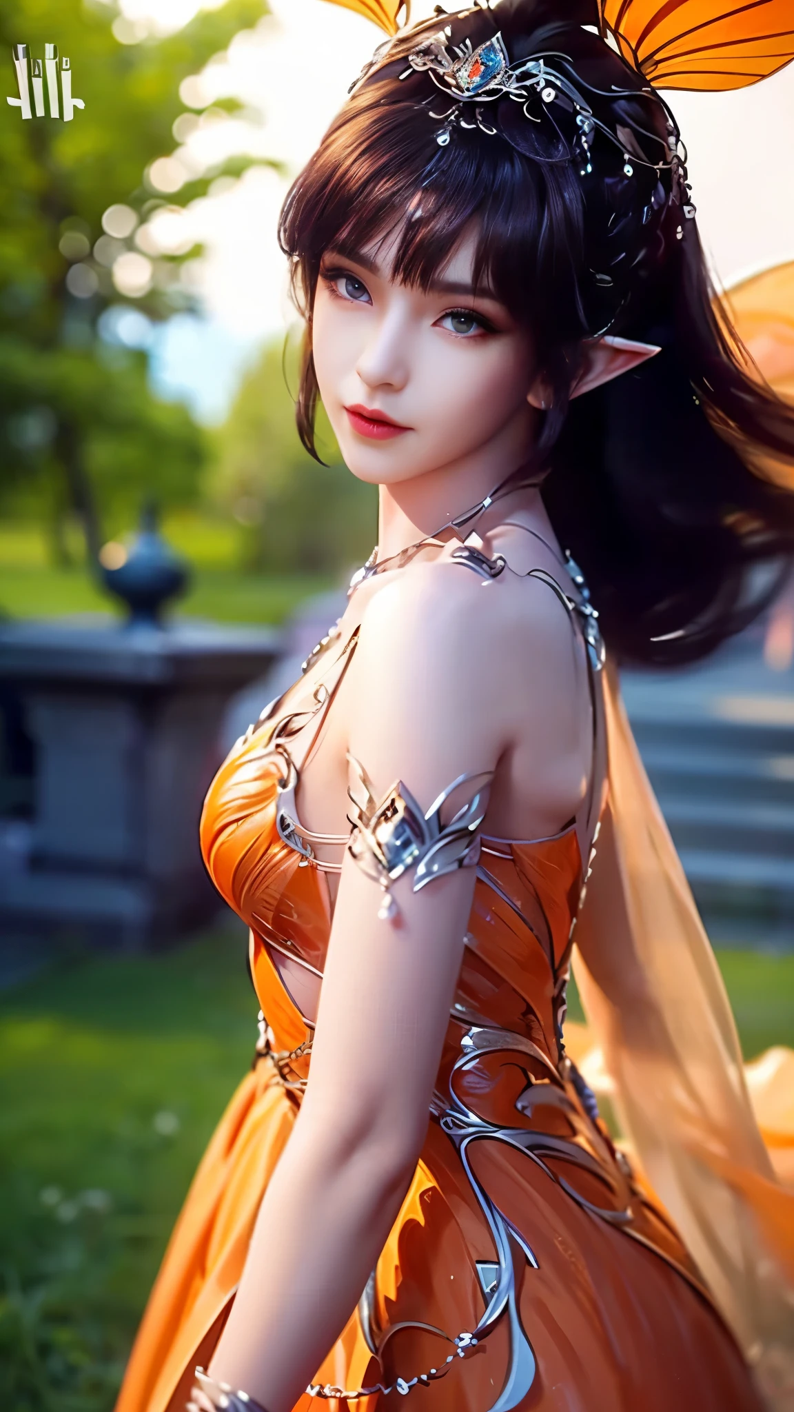 8k, masterpiece, a close up of a woman in a orange dress, perfect front body, bare thigh, ((very long hair)), a beautiful fantasy empress, ((orange fantasy dress:1.5)), beautiful fantasy maiden, fantasy art style, trending on cgstation, beautiful and elegant elf queen, beautiful maiden, shining skin, intricate ornate anime cgi style, ((a beautiful fantasy orange empress)), beautiful alluring Realistic woman, shining skin, in the park, sun shining, Realistic shadow, award winning pose,