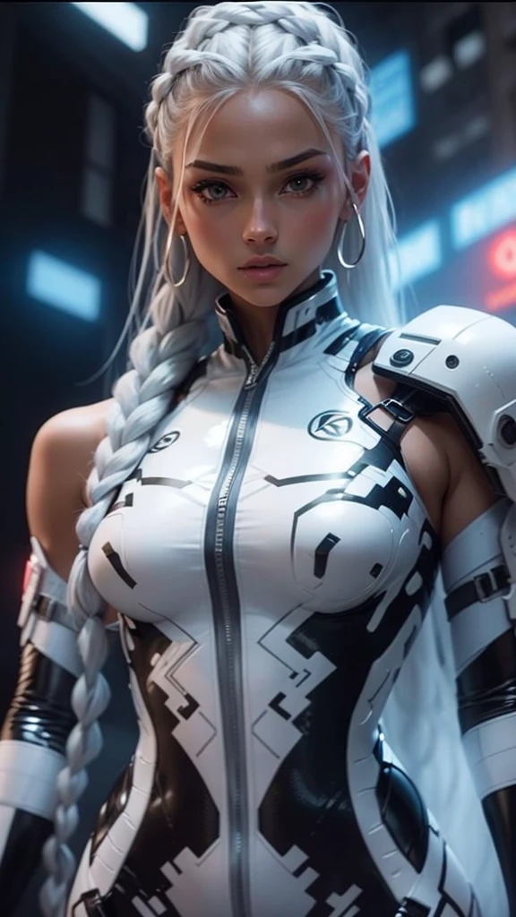   Beautiful girl , slim fit body , long braided white hair , body suit 