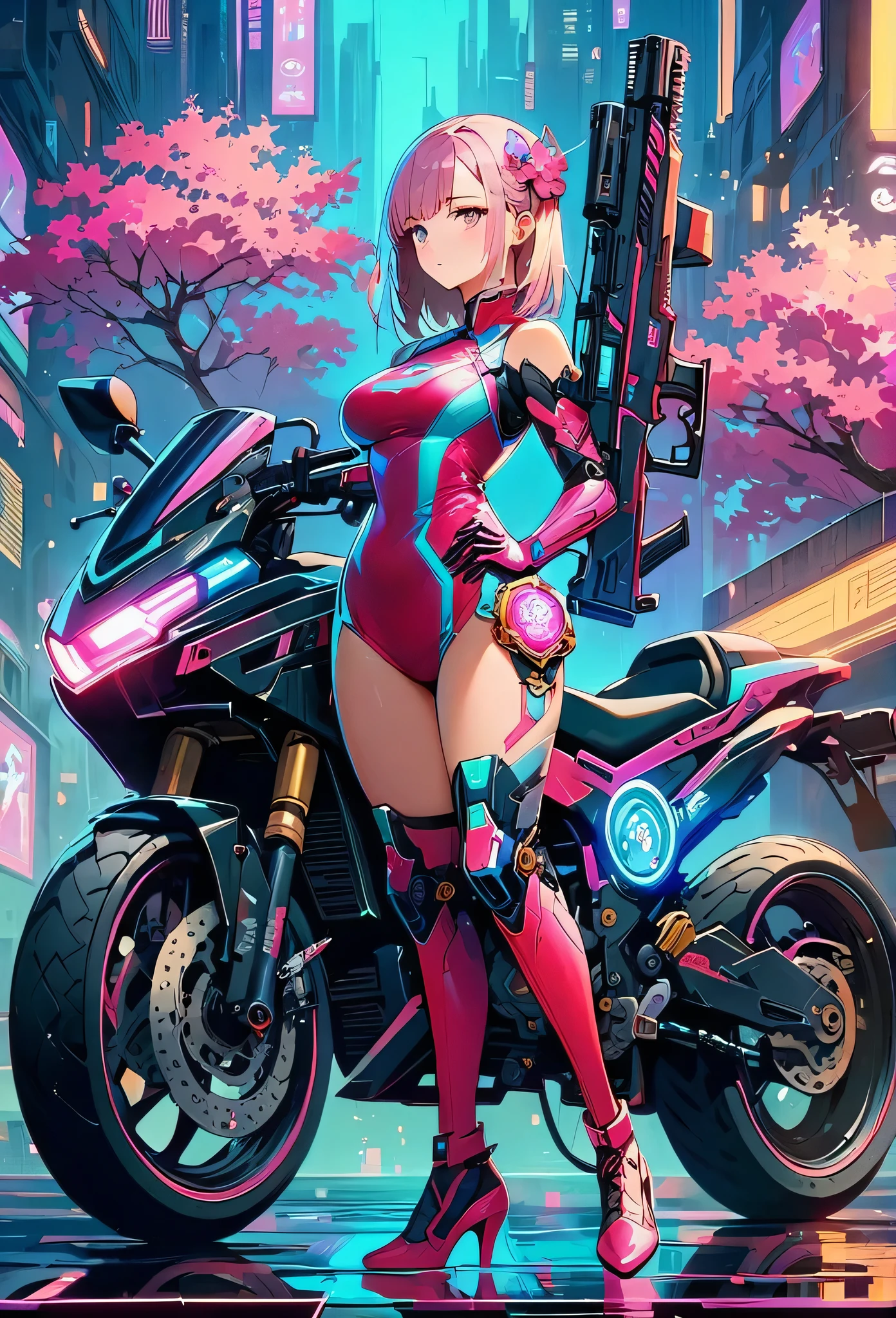 ((Vision)),((whole body)),1 girl, Wearing a black cheongsam,Robot arms and legs,Cyberpunk beauty holding an electric rifle,Standing under the cherry blossom tree with pink flowers,(white sockechanical ceramic high heels:1.5 ),background,Empty Mountain Motorcycle Style Oil Painting,closeup portrait,futuristic style,cyberpunk,high detail