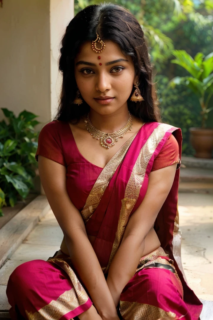 a woman in a red sari sitting on a porch, traditional beauty, indian, very beautiful girl, indian goddess, indian girl with brown skin, indian style, attractive girl, very beautiful photo, sexy girl with dark complexion, with lovely look, cute beautiful, very attractive and beautiful, beautiful young girl, very pretty model, indian super model, cute young girl