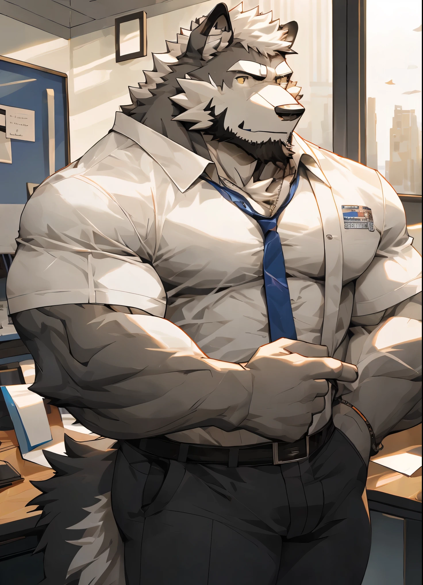 （masterpiece），（Very detailed），（best quality），Solitary，hairy，Wolf，Gray fur，white hair，black beard，muscular，Strong body，White shirt，Open it，Office Background，8k，（（high quality））